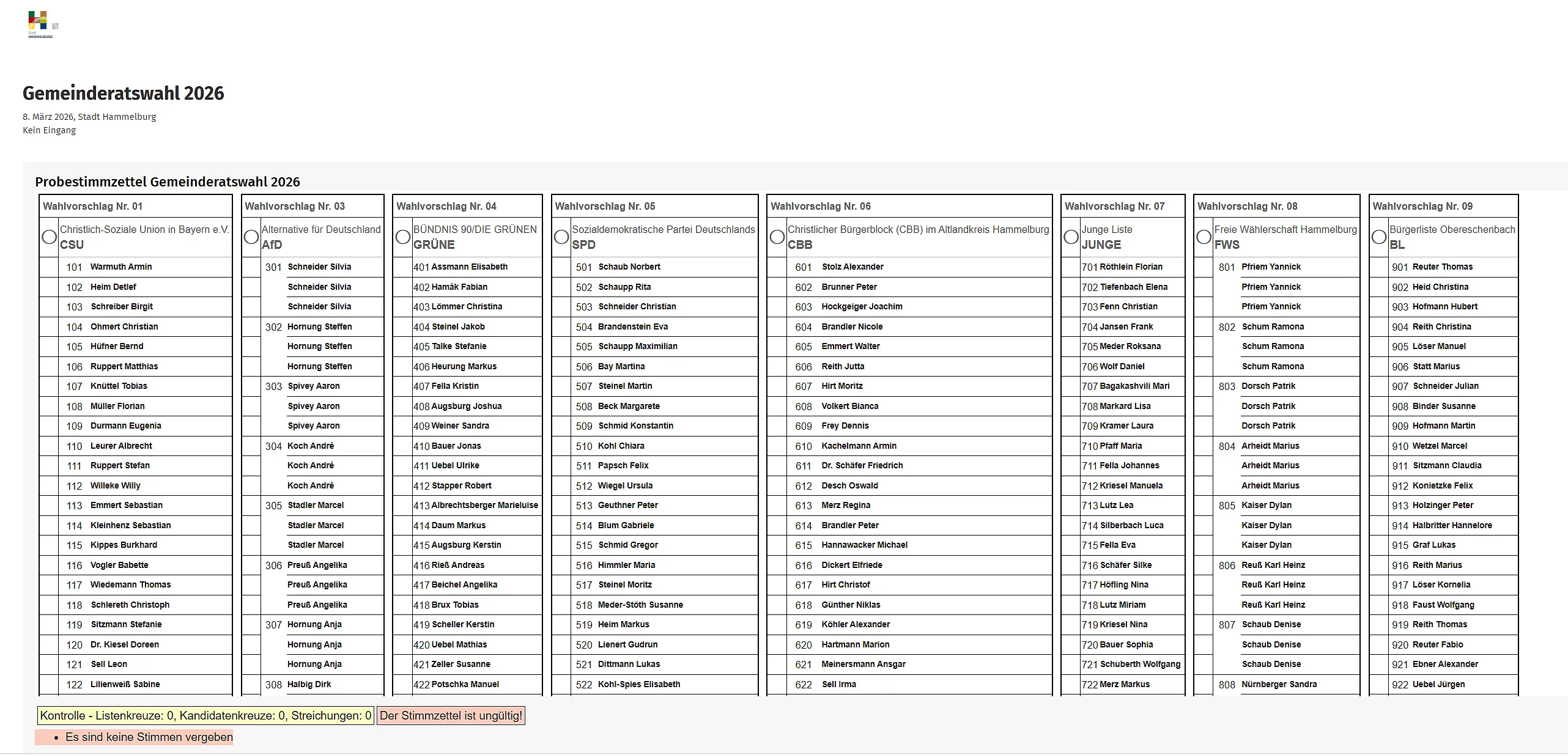 Probestimmzettel Stadtrat